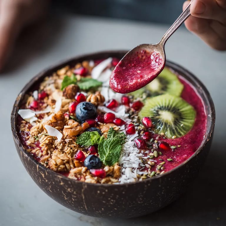 Une personne tire une cuillère remplie de laitue et de fruits de sa bowl de céréales.