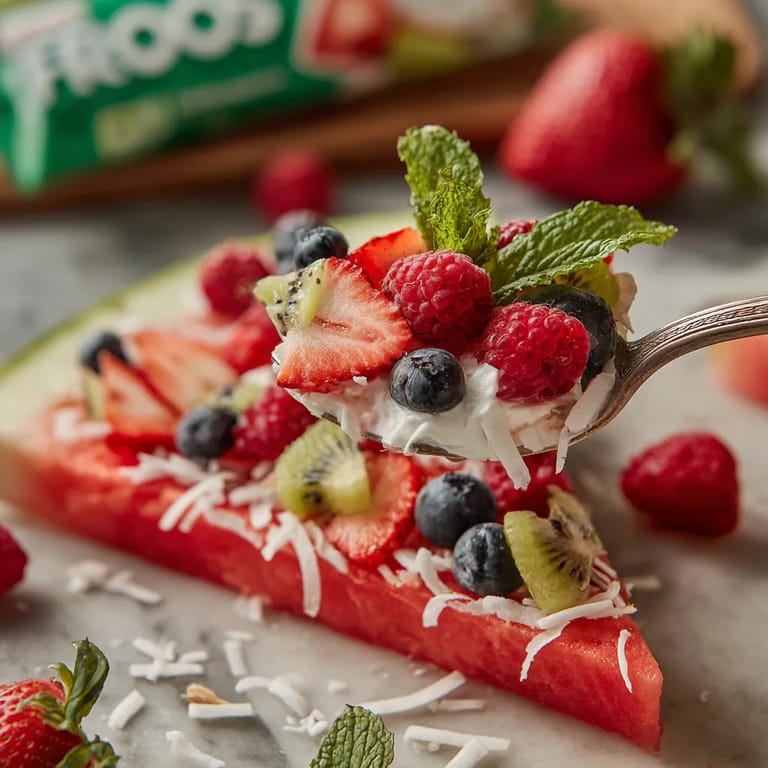 Une tranche de melon avec des fraises, des baies, des herbes et du fromage.