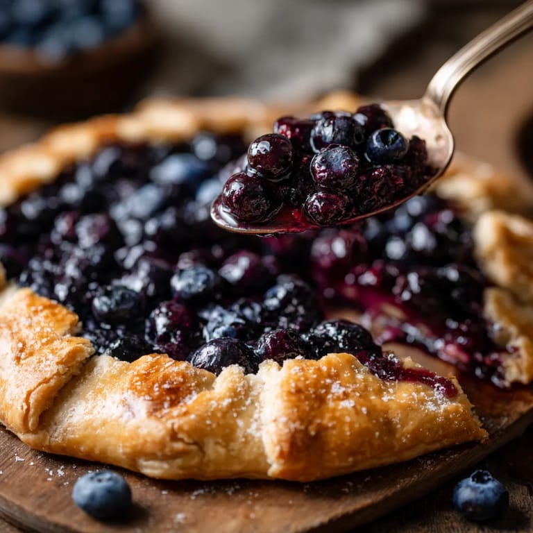 Une tarte aux myrtilles est servie sur une table.