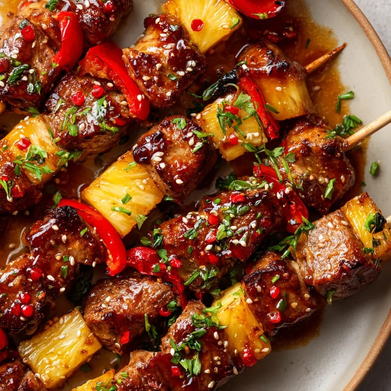 Des brochettes de viande avec des légumes et des épices sur un plateau.