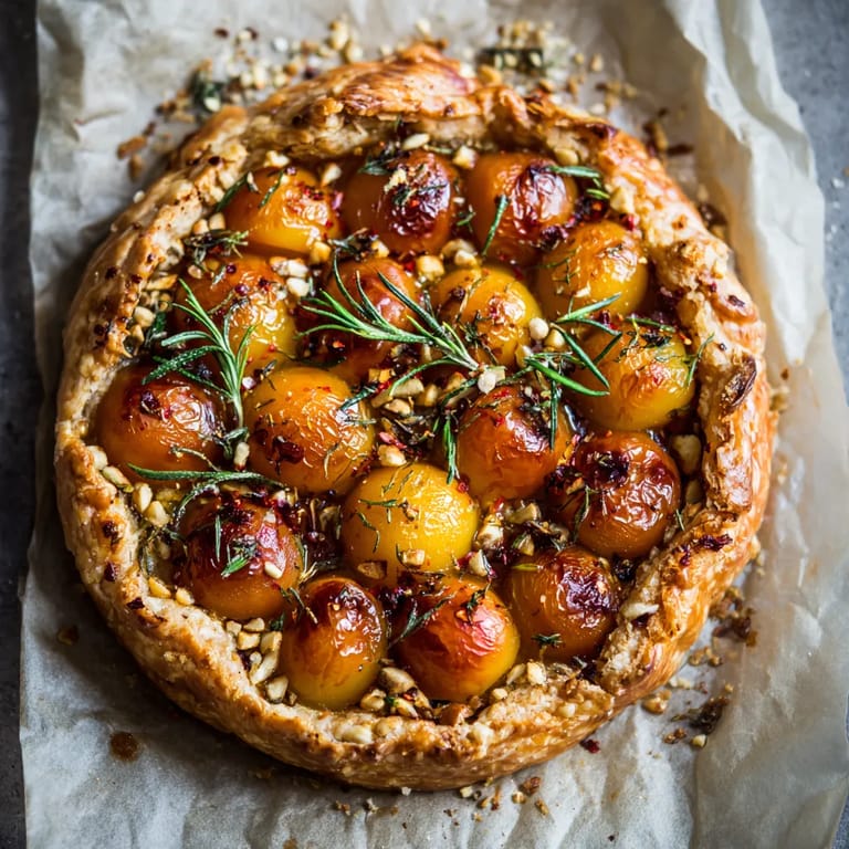 Une tarte aux fruits et épices, avec des tomates, des raisins, des noix et des herbes, est servie sur un papier.