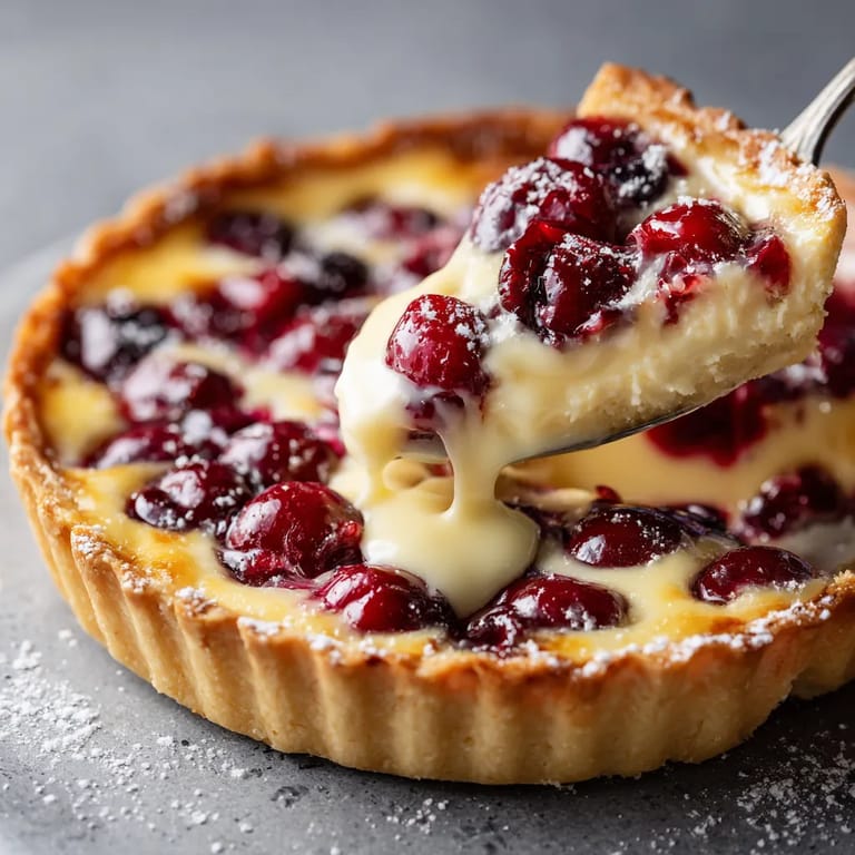 Une tartine de crème et cerises est servie sur un plateau.