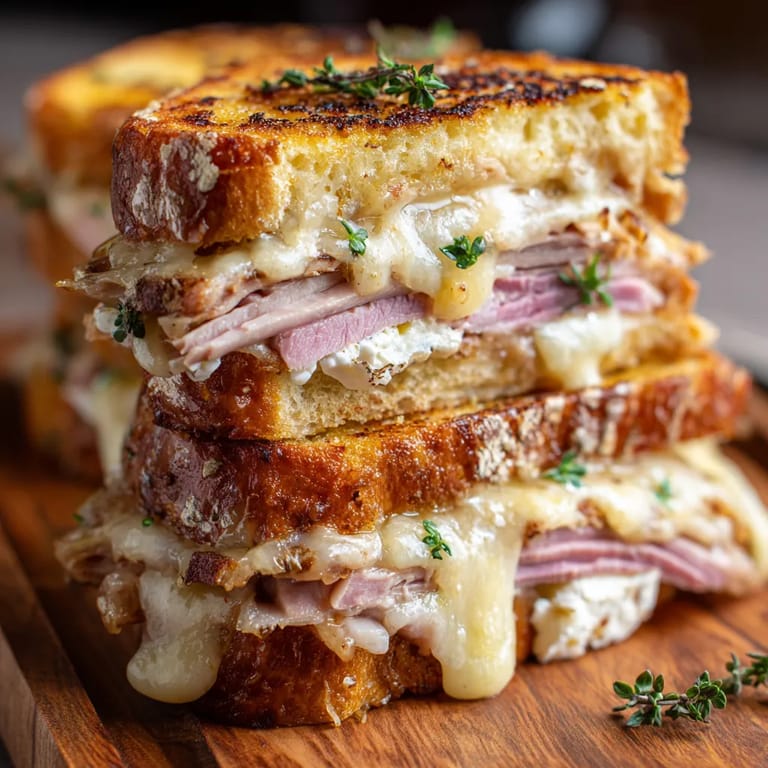 Une pile de sandwichs grillés avec des herbes sur un plateau.
