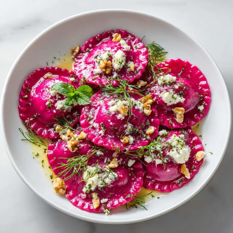 Une assiette de raviolis rouges avec des noix et des herbes.