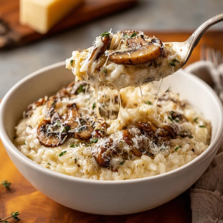 Une assiette de riz avec des champignons et des herbes.