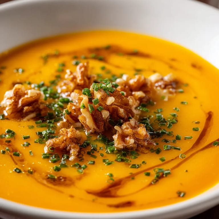 Une assiette de soupes colorées avec des herbes et des noix.