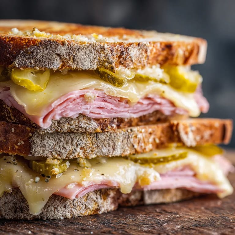 Un sandwich de ham et de fromage sur une table.