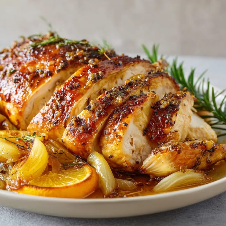 Une pièce de poulet grillé avec des herbes et des légumes sur un plateau.