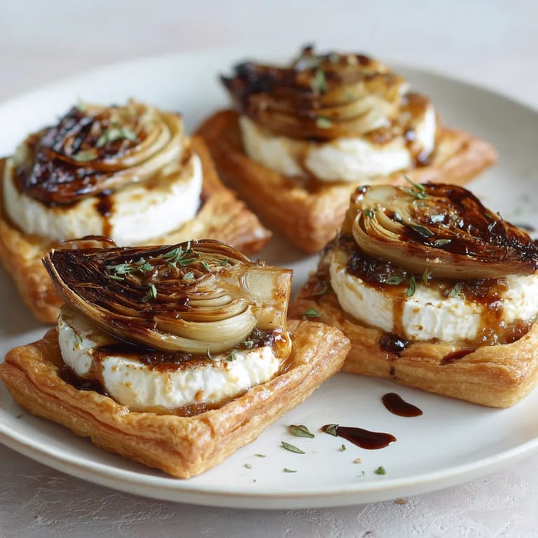 Quatre tartines de quiche avec des oignons et des herbes.