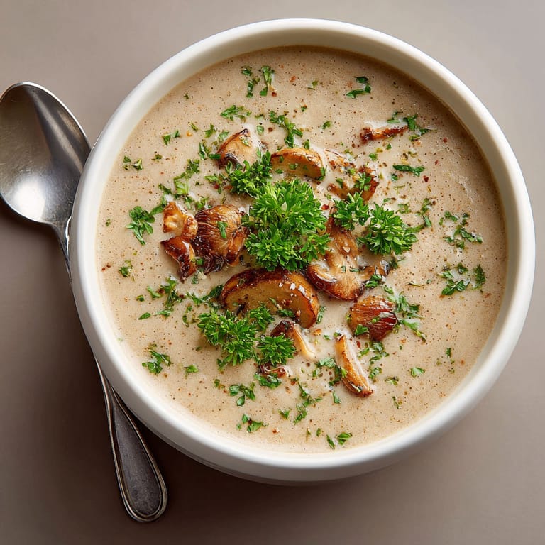 A bowl of soup with mushrooms and parsley.
