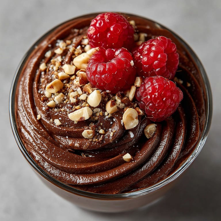 A glass of chocolate ice cream with raspberries on top.