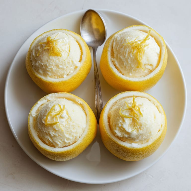 Four lemon sorbet desserts on a plate.