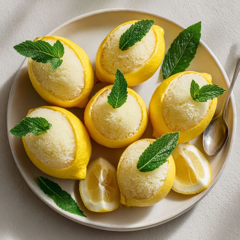 A plate of lemon slices with mint leaves on top.
