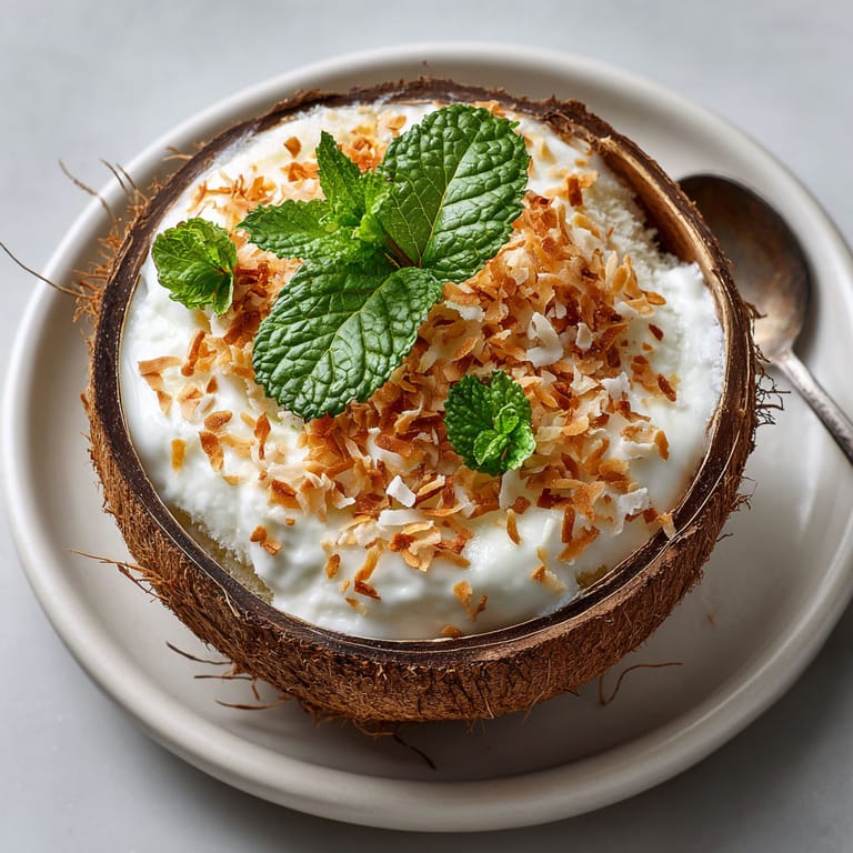A bowl of coconut cream with a green leaf on top.