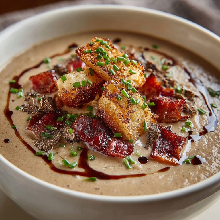 A bowl of soup with bacon and herbs.