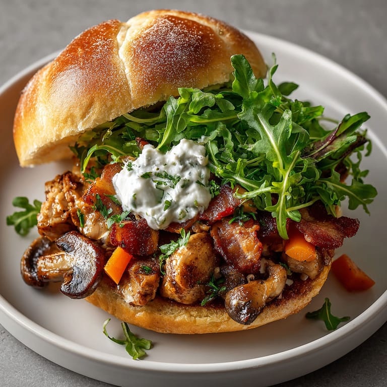 A gourmet burger with bacon, mushrooms and lettuce.