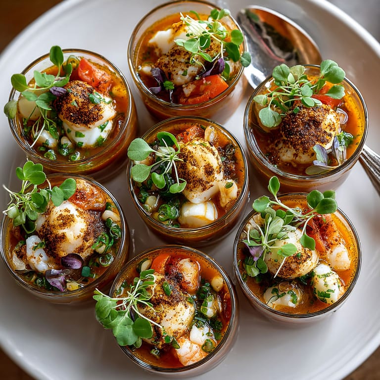 A plate of deconstructed bouillabaisse in elegant shooters.