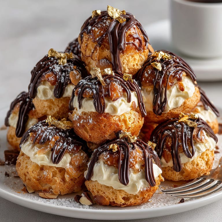 A plate of pastries with chocolate drizzled on top.