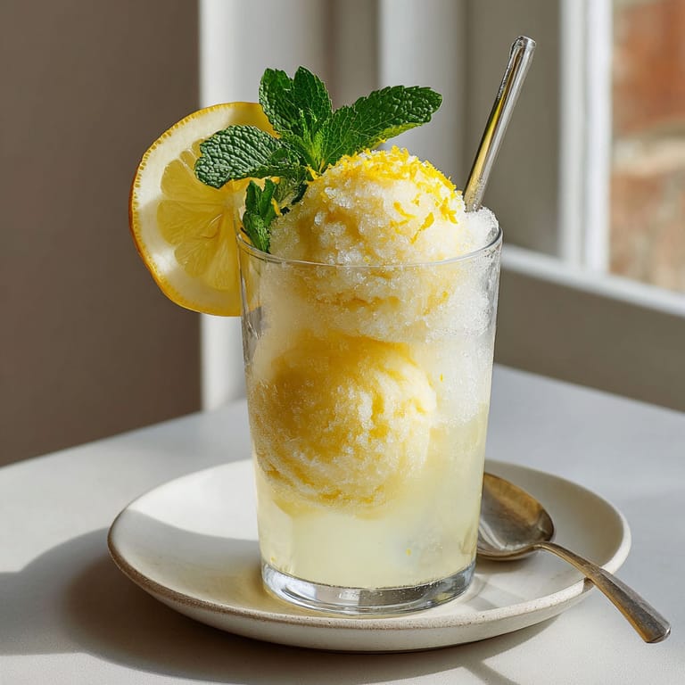 A glass of orange and lemon sorbet with a lemon wedge on top.