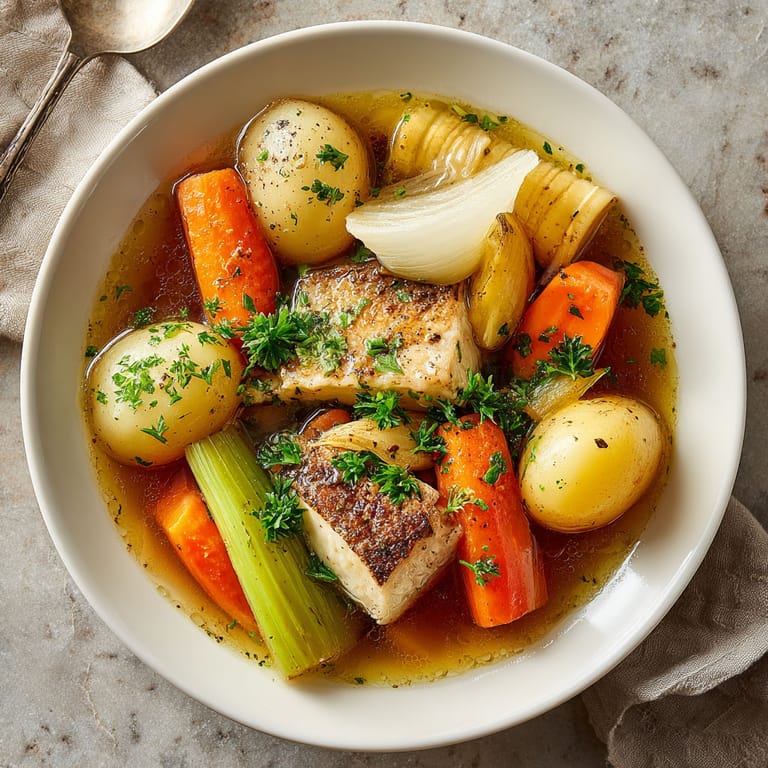 A bowl of soup with vegetables and meat.