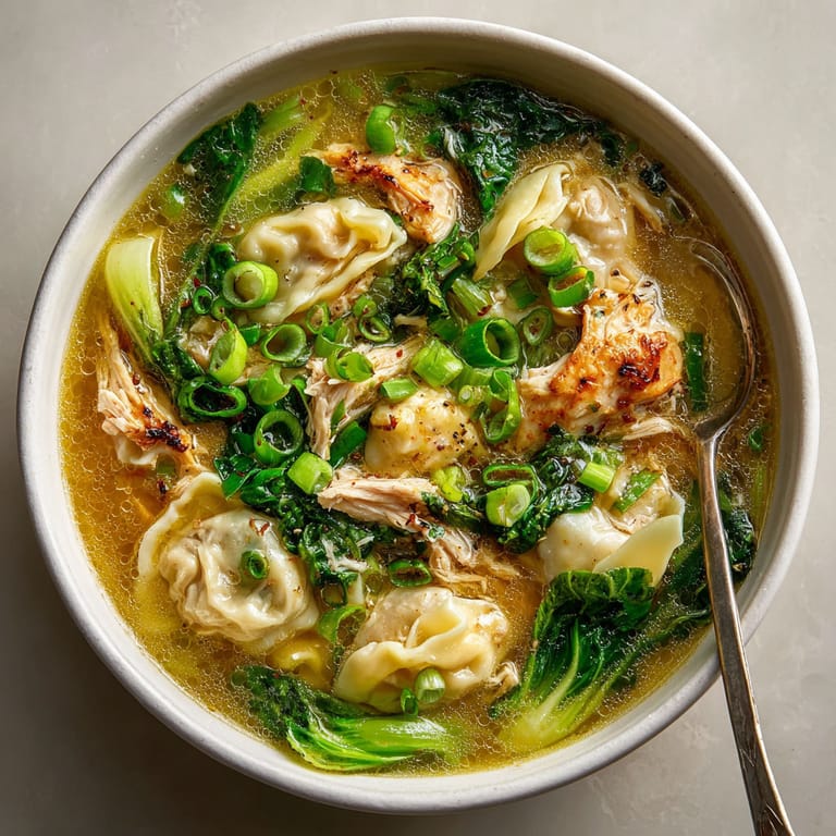 A bowl of soup with broccoli and chicken.