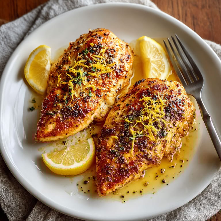 A plate of chicken with lemon and pepper.