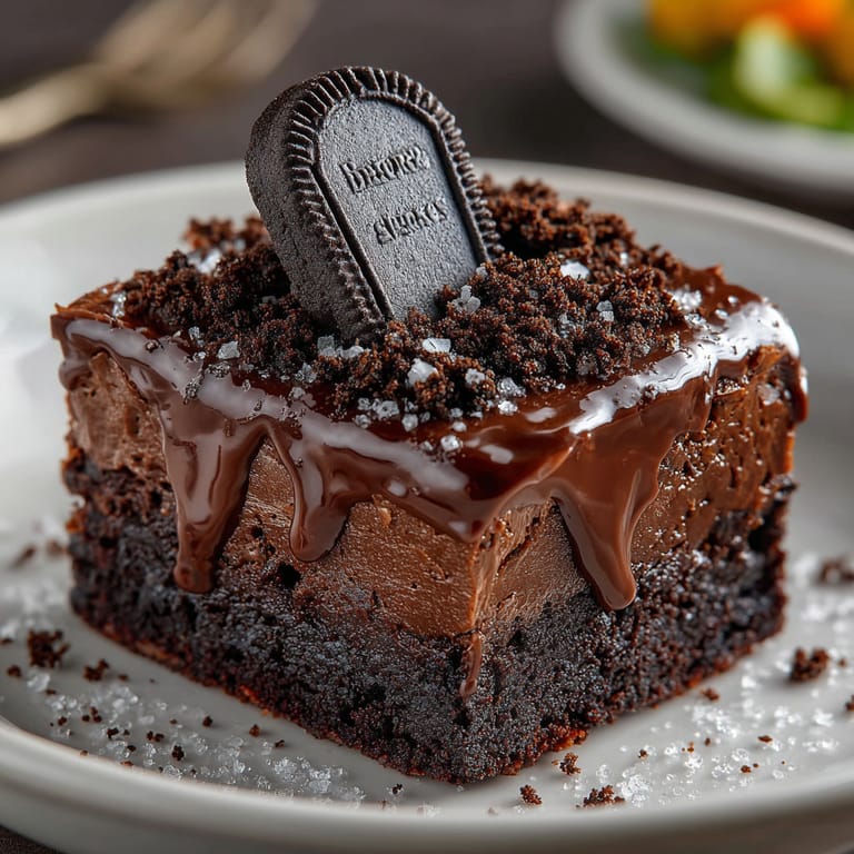 A piece of chocolate cake with a cookie on top.
