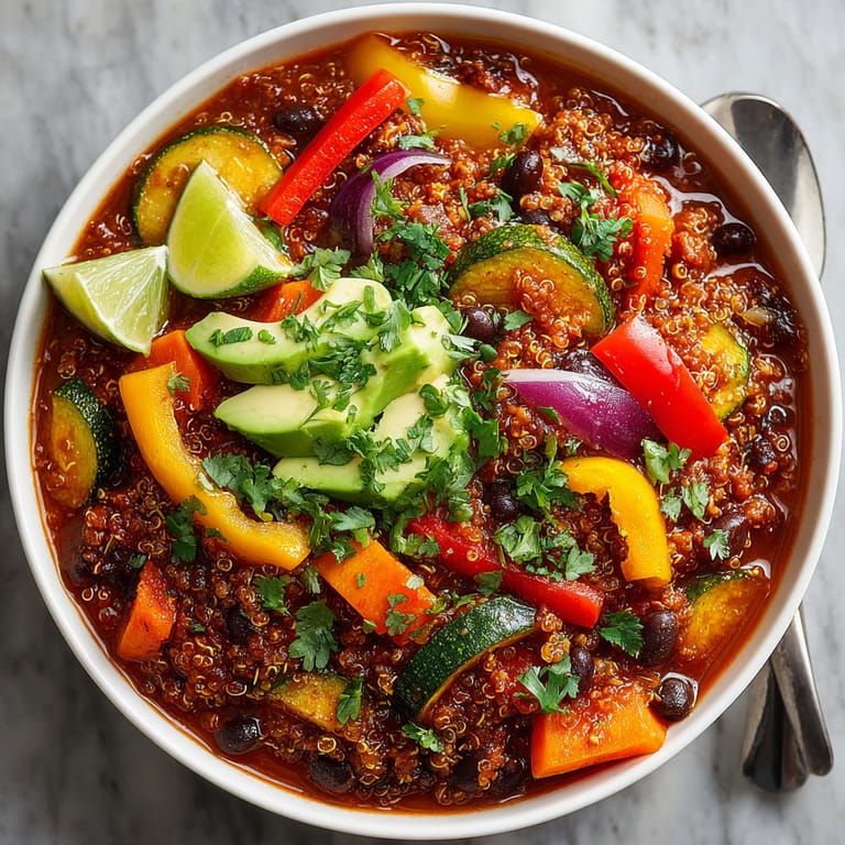 A bowl of chili sin carne sorcière with black beans and quinoa.