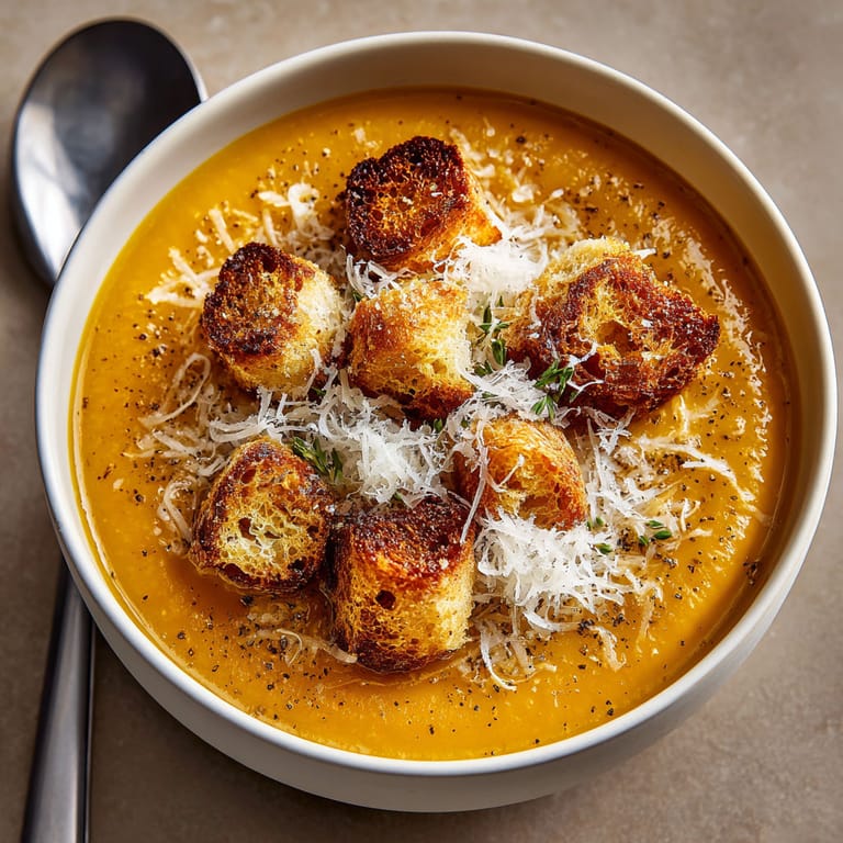 A bowl of soup with croutons and cheese.