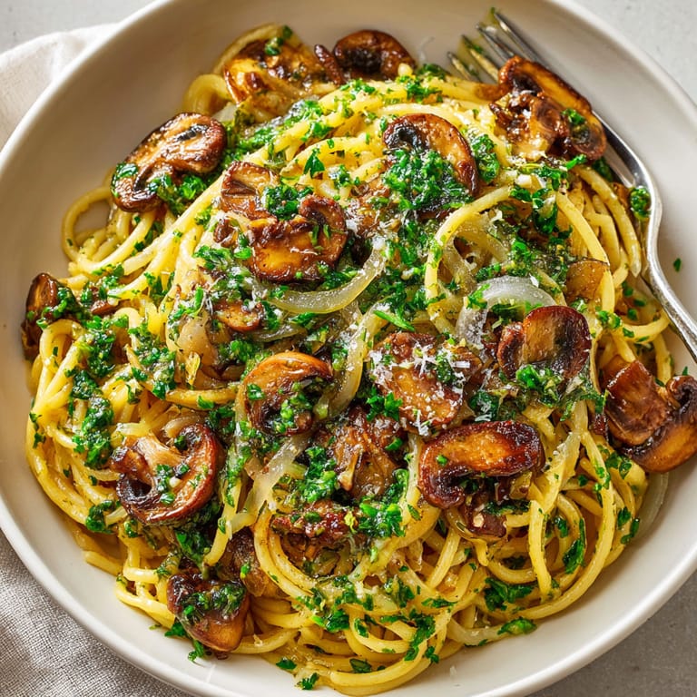 A bowl of pasta with mushrooms and onions.