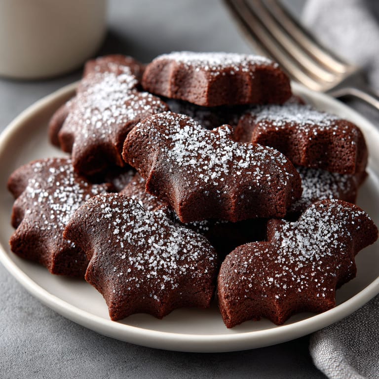 A plate of brown cookies with white sugar on top.