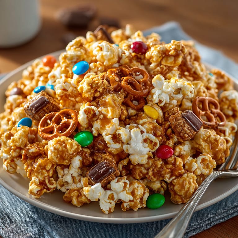 A plate of popcorn with M&M's and chocolate chips.