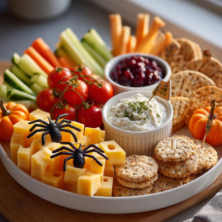 A Halloween themed appetizer platter with cheese, vegetables, and dips.