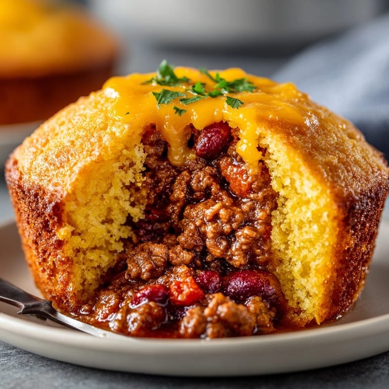 Chili-Stuffed Cornbread Muffins dorés, fumants, garnis de fromage et prêts à être dégustés.