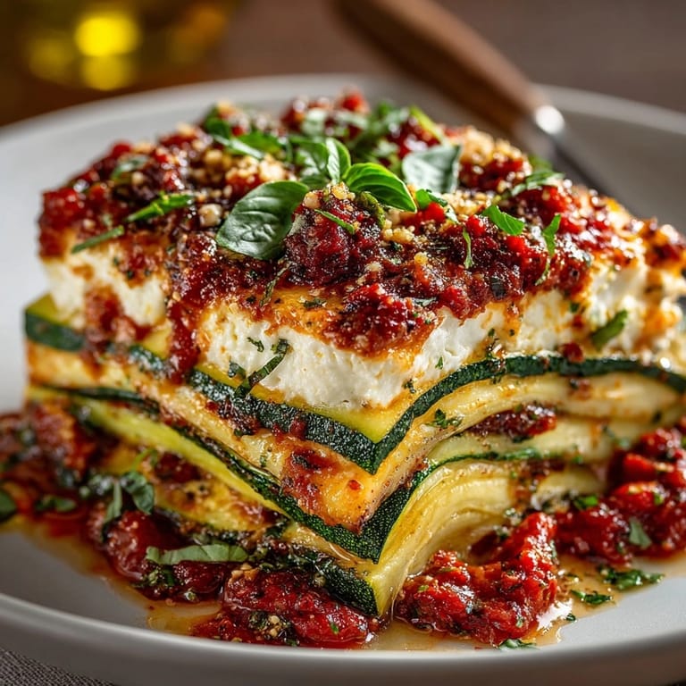 Lasagnes aux courgettes et feta, une alternative légère avec une salade caprese rafraîchissante en accompagnement.