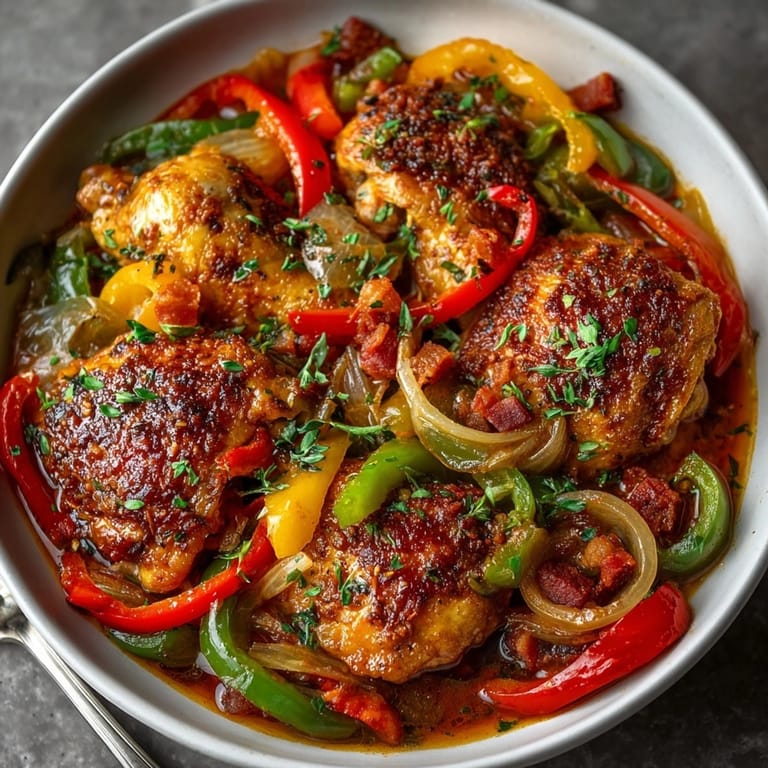 Poulet basquaise : Poulet savoureux servi avec du pain croûté et des légumes doux.