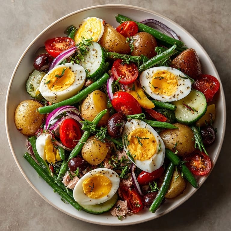 Une portion rafraîchissante de salade Niçoise, parfaite en accompagnement ou en plat principal léger.