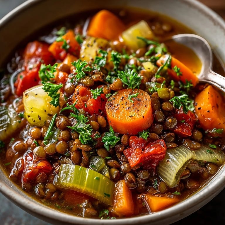 Un plat de la stew française aux lentilles à base de plantes, garni de persil frais; parfait avec du pain.