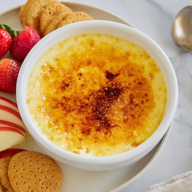 Crémeuse Vanilla Crème Brûlée Dip caramélisée à la torche, une gourmandise unique.