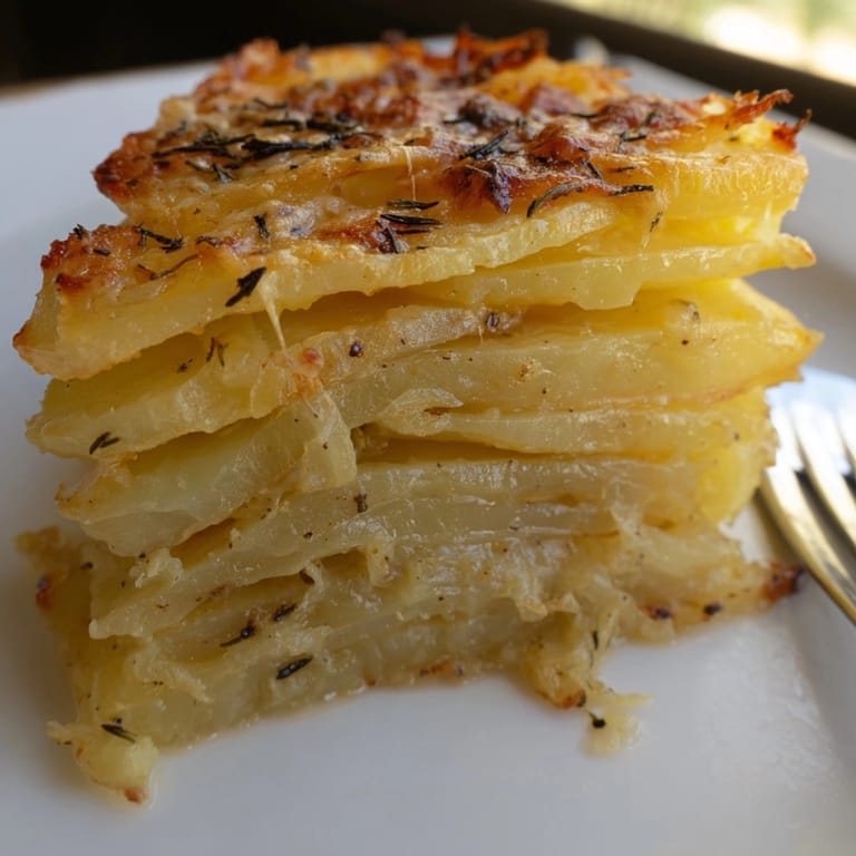 Pommes de terre fondantes et oignons doux dans un gratin de pommes de terre aux oignons caramélisés.