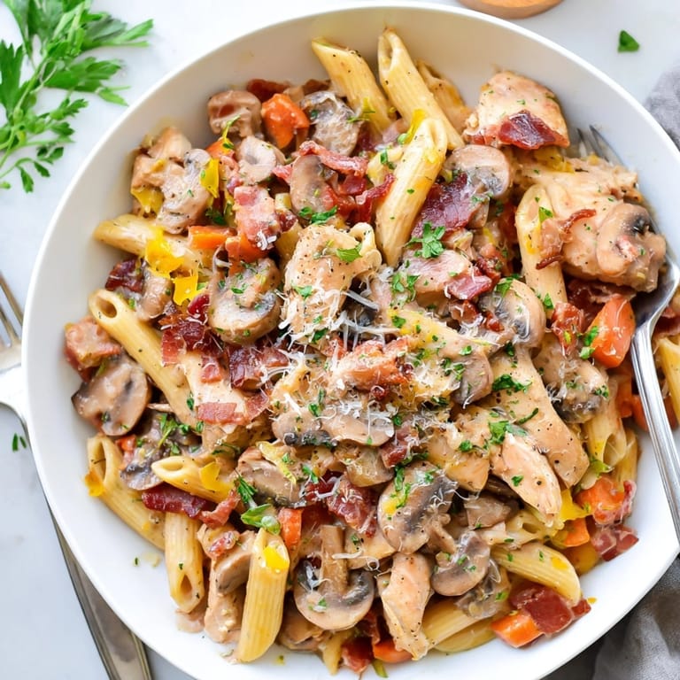 Bol de pâtes Coq au Vin, garni de persil frais, parfait pour un dîner copieux.