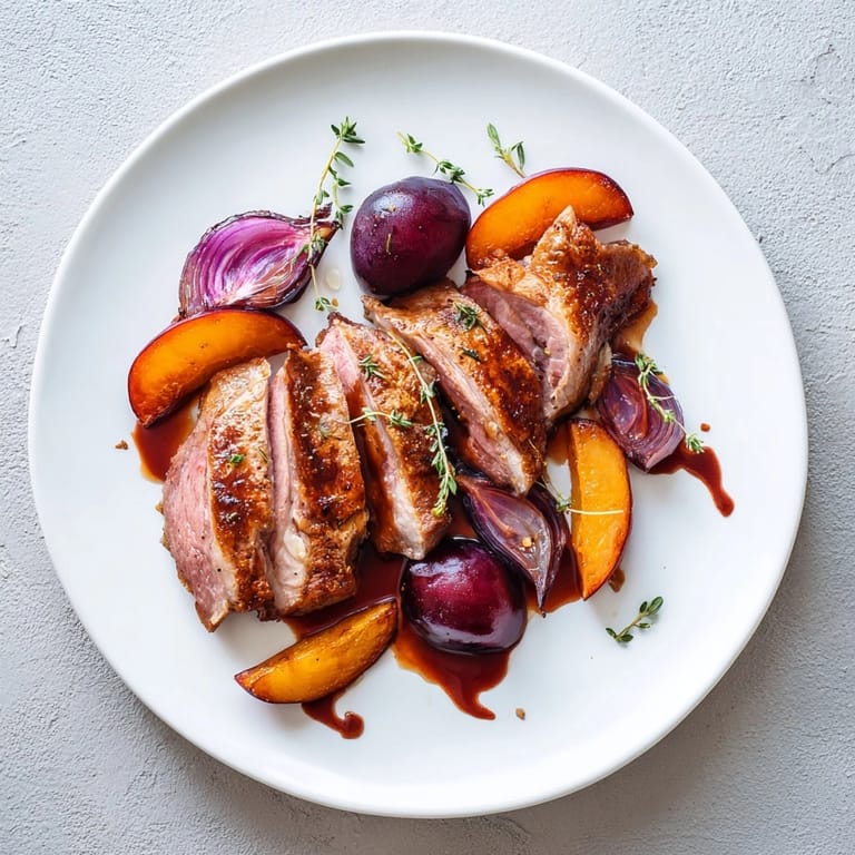 Un plat de canard rôti aux prunes brillant, avec des oignons caramélisés et des herbes fraîches.