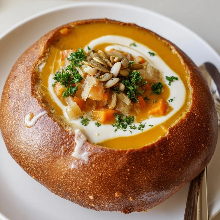 Une soupe onctueuse à la citrouille dans un bol brioché, garnie de graines, un bonheur automnal.