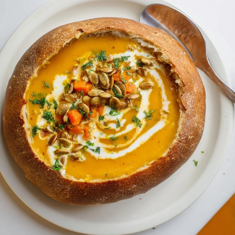 Savoureuse soupe à la citrouille, cuite à la perfection crémeuse et servie dans un pain croustillant.