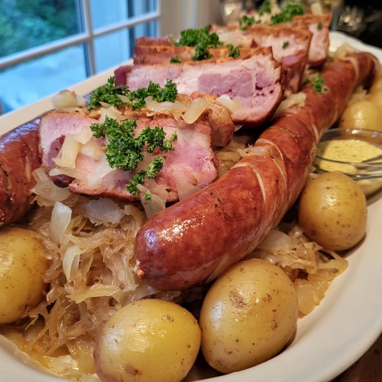 Image appétissante de Choucroute Garnie; imaginez la saveur aigre de la choucroute cuite avec des viandes.