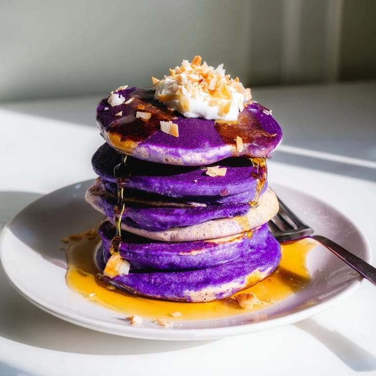 Close-up of stacked Ube Fluffy Pancakes, showcasing their soft texture and purple hue.