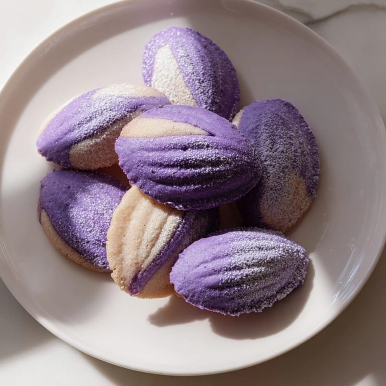 Vue alléchante de madeleines à l'ube moelleuses, un délice parfumé à la vanille et à la patate douce.