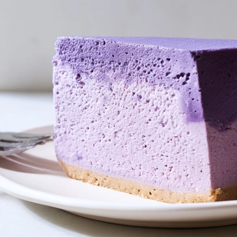 Gâteau au fromage ube japonais : léger, moelleux, avec une riche saveur d'igname violette et fraîchement sorti du four.