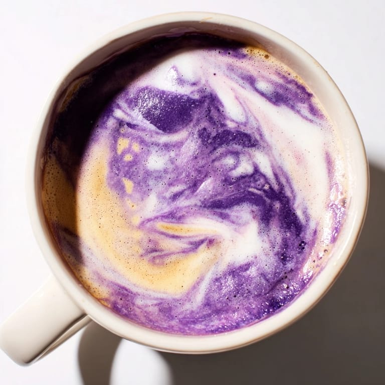 Close-up of a creamy Ube Latte in a clear glass with ice; refreshing Filipino fusion.