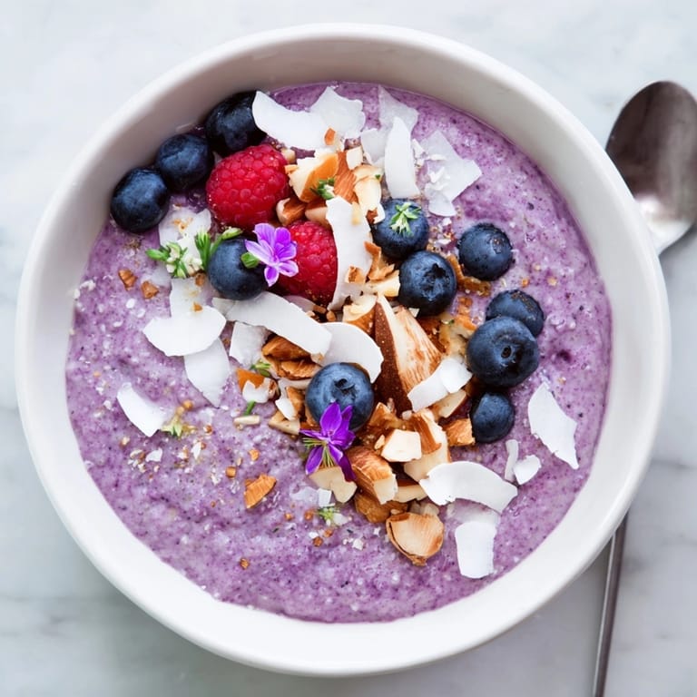 Gros plan d'un bol de délicieux Ube Violet Porridge; un petit-déjeuner réconfortant et violet.